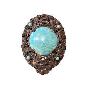 Vintage Native Style Turquoise Blue Glass Brooch Pin with Snakes and Phoenix 3"